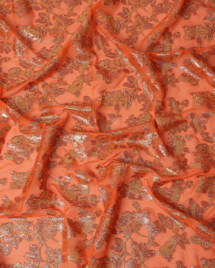 Tangerine Orange Floral Patterned Silk Chiffon Fabric with Metallic Lurex, 110 Cms Width, Made in South Korea-D26348