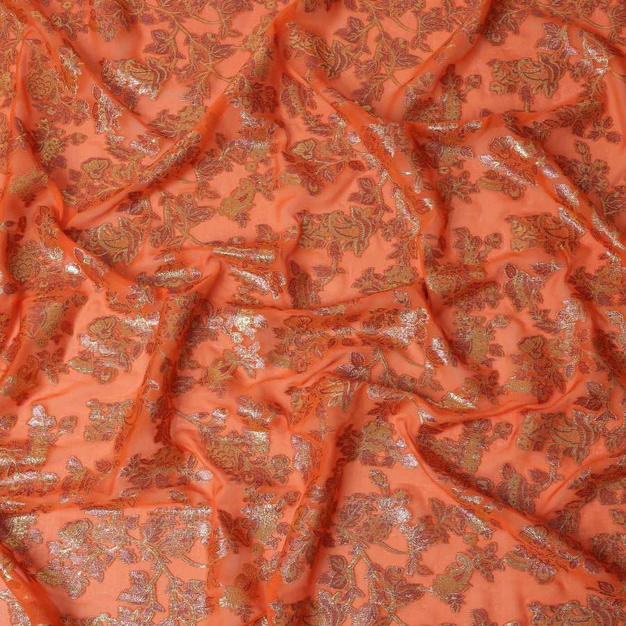 Tangerine Orange Floral Patterned Silk Chiffon Fabric with Metallic Lurex, 110 Cms Width, Made in South Korea-D26348
