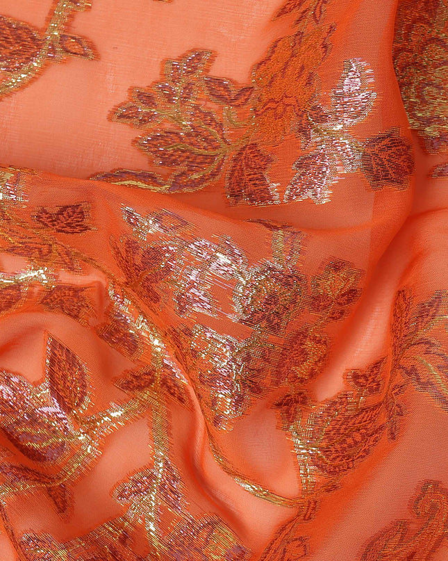 Tangerine Orange Floral Patterned Silk Chiffon Fabric with Metallic Lurex, 110 Cms Width, Made in South Korea-D26348
