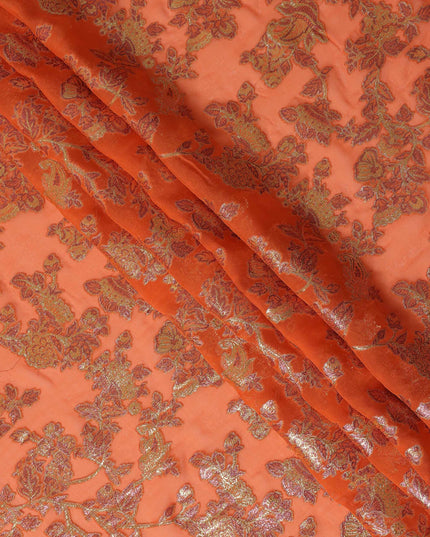 Tangerine Orange Floral Patterned Silk Chiffon Fabric with Metallic Lurex, 110 Cms Width, Made in South Korea-D26348
