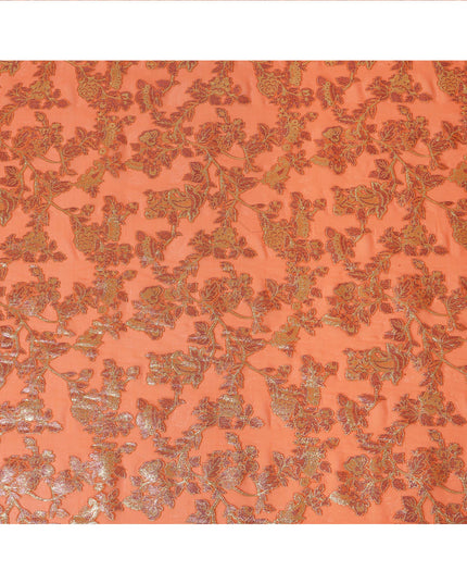 Tangerine Orange Floral Patterned Silk Chiffon Fabric with Metallic Lurex, 110 Cms Width, Made in South Korea-D26348