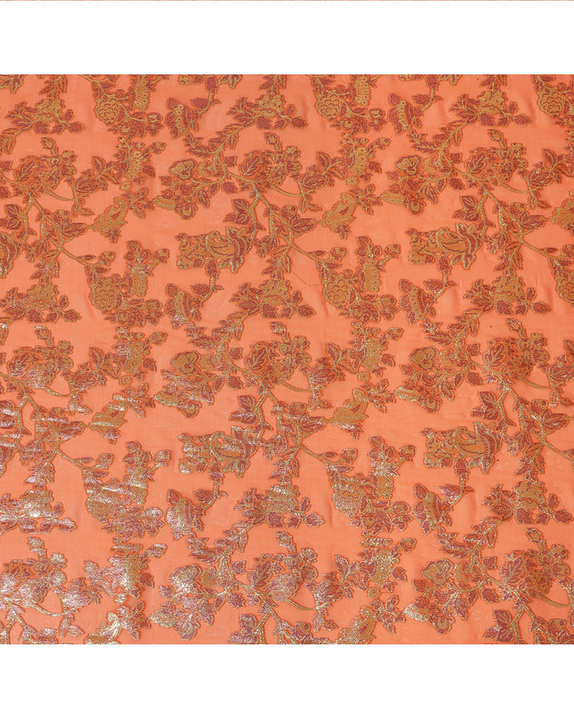 Tangerine Orange Floral Patterned Silk Chiffon Fabric with Metallic Lurex, 110 Cms Width, Made in South Korea-D26348