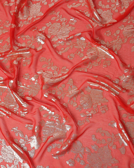Coral Red Floral Patterned Silk Chiffon Fabric with Metallic Lurex, 110 Cms Width, Made in South Korea-D26352