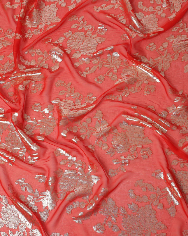 Coral Red Floral Patterned Silk Chiffon Fabric with Metallic Lurex, 110 Cms Width, Made in South Korea-D26352