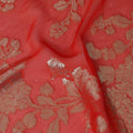 Coral Red Floral Patterned Silk Chiffon Fabric with Metallic Lurex, 110 Cms Width, Made in South Korea-D26352