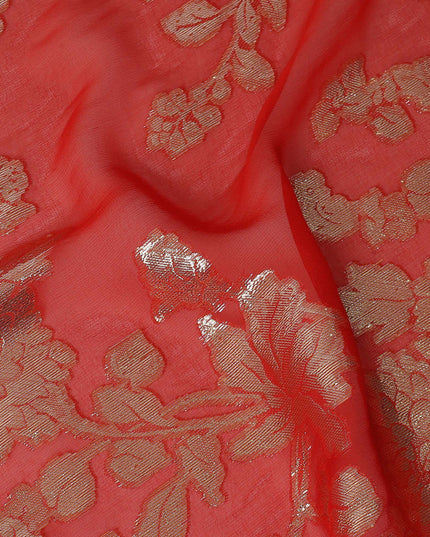 Coral Red Floral Patterned Silk Chiffon Fabric with Metallic Lurex, 110 Cms Width, Made in South Korea-D26352