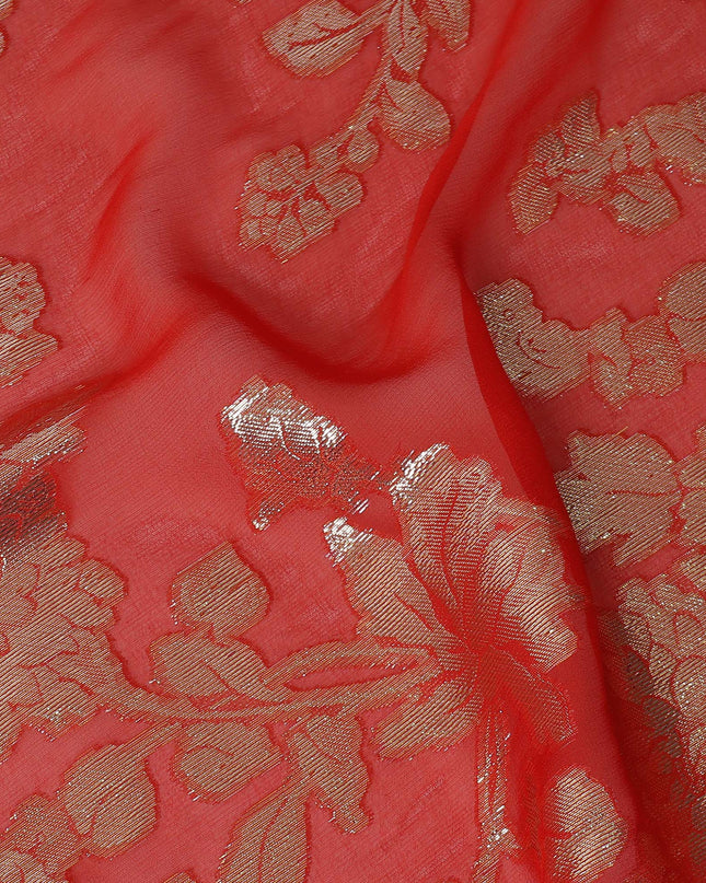 Coral Red Floral Patterned Silk Chiffon Fabric with Metallic Lurex, 110 Cms Width, Made in South Korea-D26352