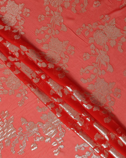 Coral Red Floral Patterned Silk Chiffon Fabric with Metallic Lurex, 110 Cms Width, Made in South Korea-D26352