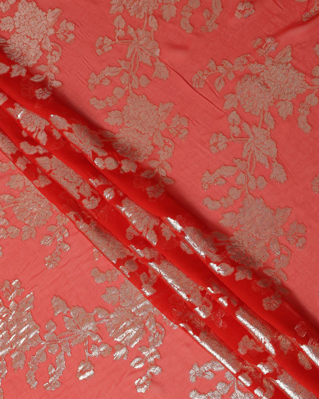 Coral Red Floral Patterned Silk Chiffon Fabric with Metallic Lurex, 110 Cms Width, Made in South Korea-D26352