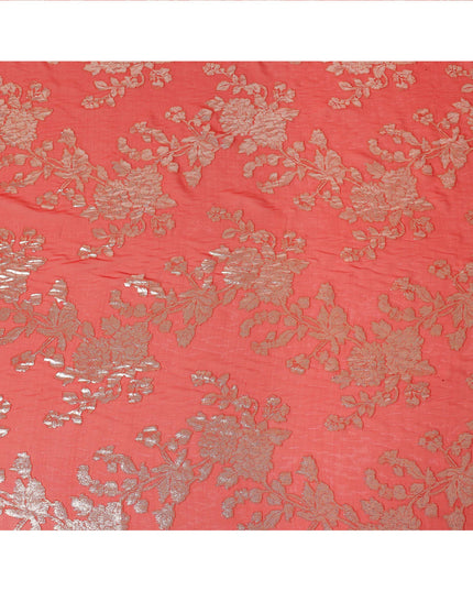 Coral Red Floral Patterned Silk Chiffon Fabric with Metallic Lurex, 110 Cms Width, Made in South Korea-D26352