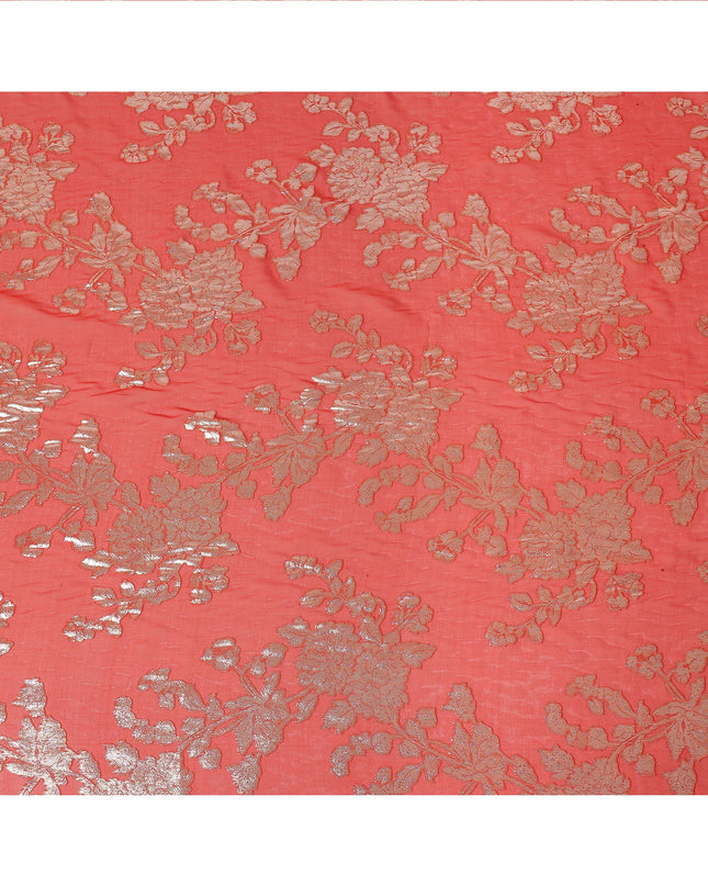 Coral Red Floral Patterned Silk Chiffon Fabric with Metallic Lurex, 110 Cms Width, Made in South Korea-D26352
