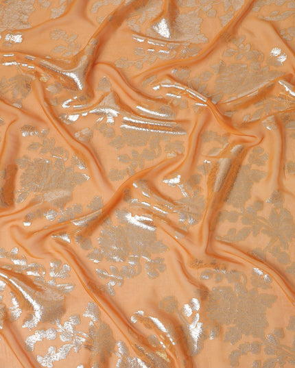 Peach Gold Floral Patterned Silk Chiffon Fabric with Metallic Lurex, 110 Cms Width, Made in South Korea-D26349