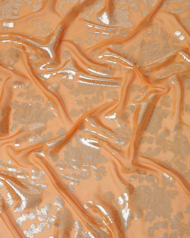 Peach Gold Floral Patterned Silk Chiffon Fabric with Metallic Lurex, 110 Cms Width, Made in South Korea-D26349