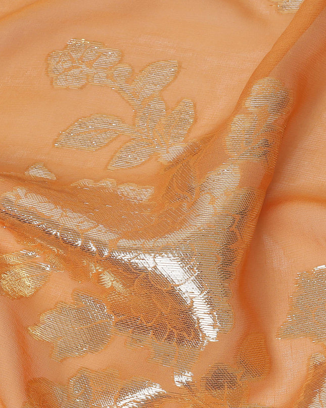 Peach Gold Floral Patterned Silk Chiffon Fabric with Metallic Lurex, 110 Cms Width, Made in South Korea-D26349