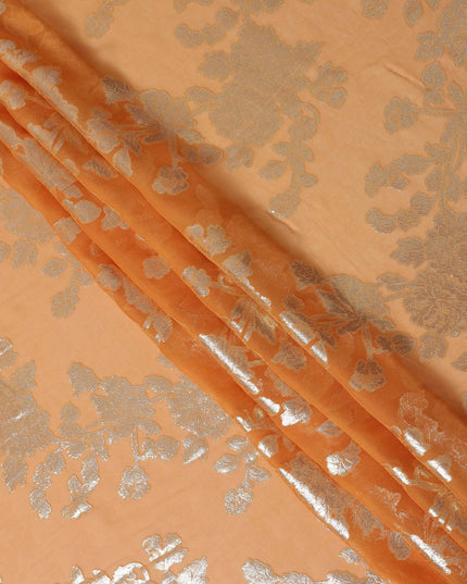Peach Gold Floral Patterned Silk Chiffon Fabric with Metallic Lurex, 110 Cms Width, Made in South Korea-D26349