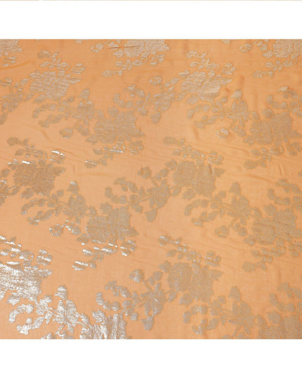 Peach Gold Floral Patterned Silk Chiffon Fabric with Metallic Lurex, 110 Cms Width, Made in South Korea-D26349