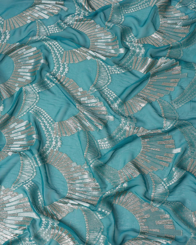 Turquoise Blue Geometric Patterned Silk Chiffon Fabric with Metallic Lurex, 140 Cms Width, Made in South Korea-D26347