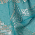 Turquoise Blue Geometric Patterned Silk Chiffon Fabric with Metallic Lurex, 140 Cms Width, Made in South Korea-D26347