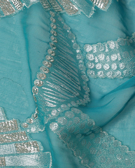 Turquoise Blue Geometric Patterned Silk Chiffon Fabric with Metallic Lurex, 140 Cms Width, Made in South Korea-D26347