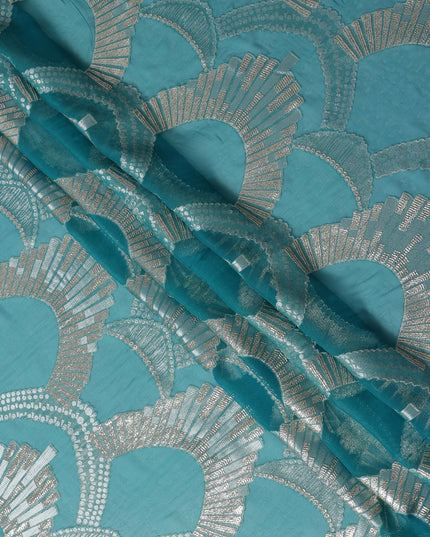 Turquoise Blue Geometric Patterned Silk Chiffon Fabric with Metallic Lurex, 140 Cms Width, Made in South Korea-D26347
