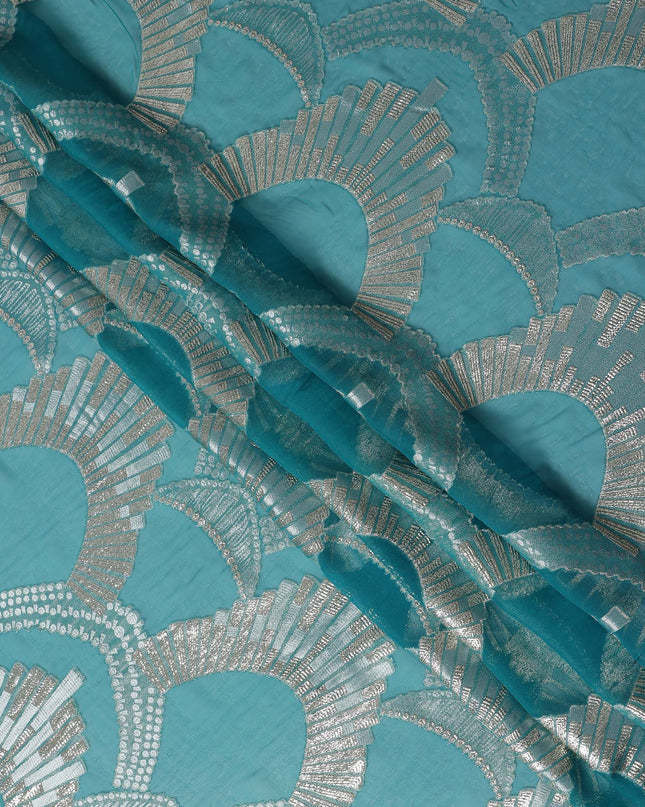 Turquoise Blue Geometric Patterned Silk Chiffon Fabric with Metallic Lurex, 140 Cms Width, Made in South Korea-D26347
