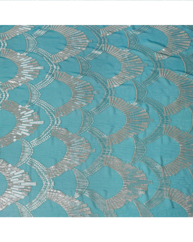 Turquoise Blue Geometric Patterned Silk Chiffon Fabric with Metallic Lurex, 140 Cms Width, Made in South Korea-D26347