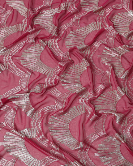 Rose Pink Geometric Patterned Silk Chiffon Fabric with Metallic Lurex, 140 Cms Width, Made in South Korea-D26345