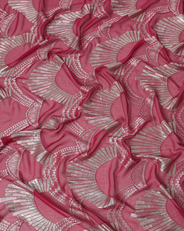 Rose Pink Geometric Patterned Silk Chiffon Fabric with Metallic Lurex, 140 Cms Width, Made in South Korea-D26345