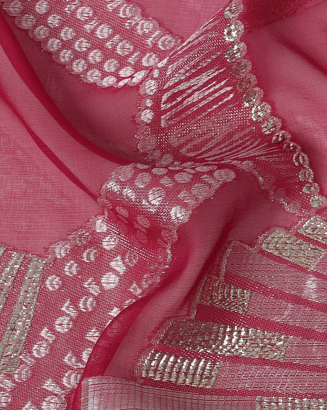 Rose Pink Geometric Patterned Silk Chiffon Fabric with Metallic Lurex, 140 Cms Width, Made in South Korea-D26345