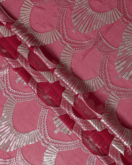 Rose Pink Geometric Patterned Silk Chiffon Fabric with Metallic Lurex, 140 Cms Width, Made in South Korea-D26345