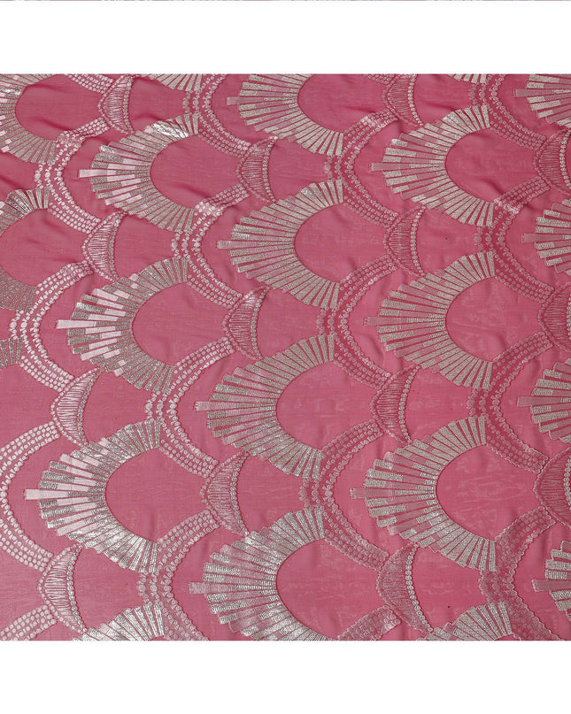 Rose Pink Geometric Patterned Silk Chiffon Fabric with Metallic Lurex, 140 Cms Width, Made in South Korea-D26345