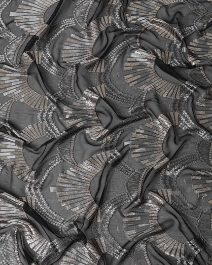 Black Geometric Patterned Silk Chiffon Fabric with Metallic Lurex, 140 Cms Width, Made in South Korea-D26346