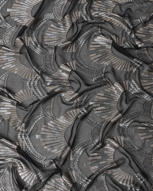 Black Geometric Patterned Silk Chiffon Fabric with Metallic Lurex, 140 Cms Width, Made in South Korea-D26346
