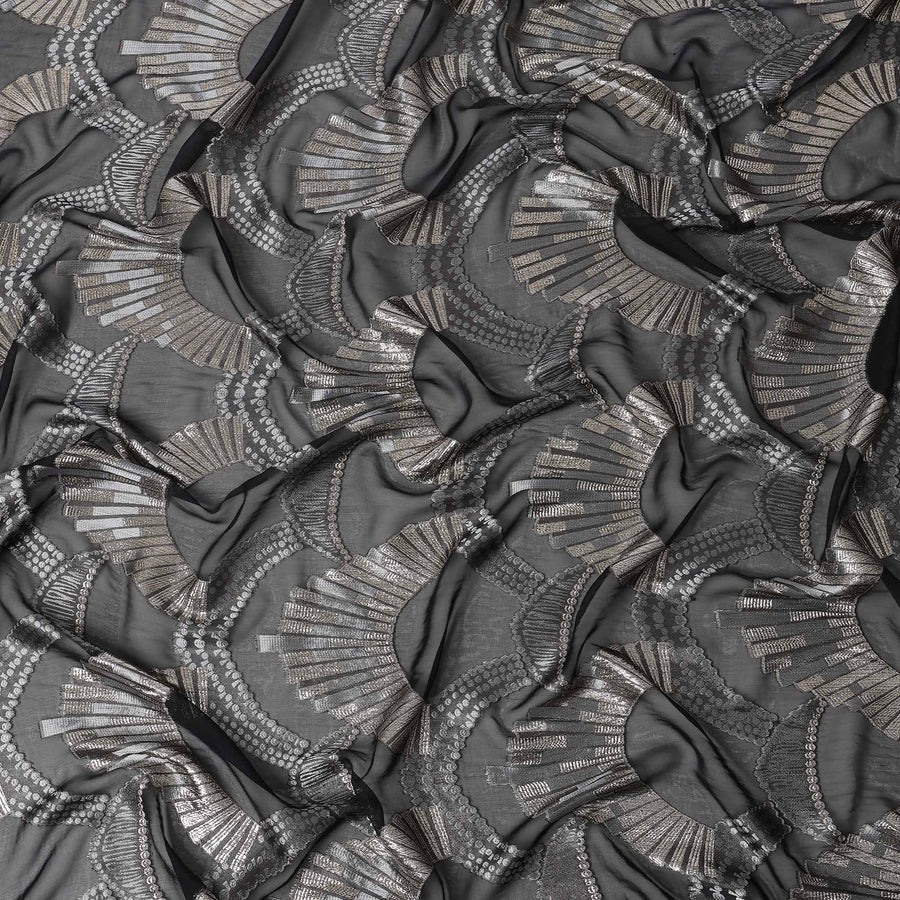 Black Geometric Patterned Silk Chiffon Fabric with Metallic Lurex, 140 Cms Width, Made in South Korea-D26346