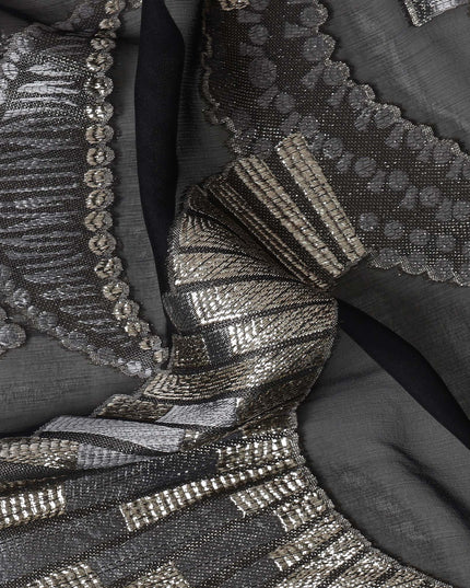 Black Geometric Patterned Silk Chiffon Fabric with Metallic Lurex, 140 Cms Width, Made in South Korea-D26346
