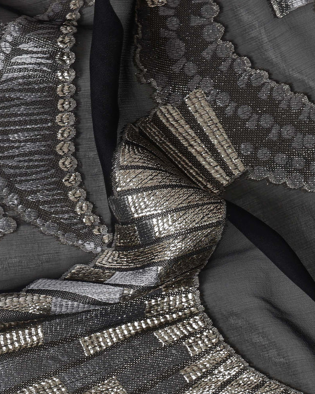 Black Geometric Patterned Silk Chiffon Fabric with Metallic Lurex, 140 Cms Width, Made in South Korea-D26346