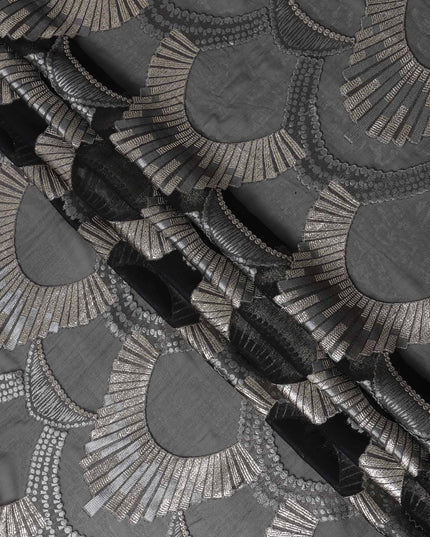 Black Geometric Patterned Silk Chiffon Fabric with Metallic Lurex, 140 Cms Width, Made in South Korea-D26346