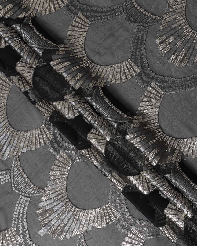 Black Geometric Patterned Silk Chiffon Fabric with Metallic Lurex, 140 Cms Width, Made in South Korea-D26346