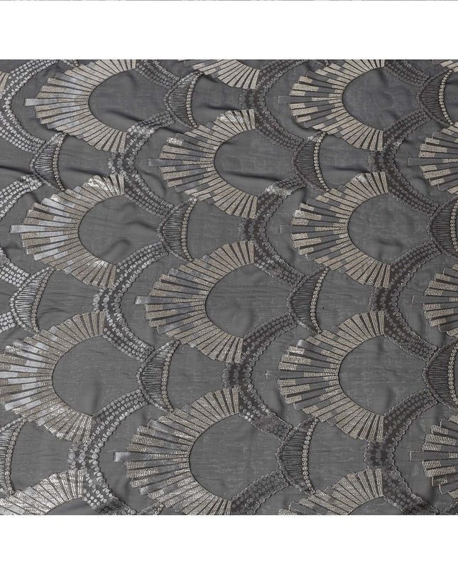 Black Geometric Patterned Silk Chiffon Fabric with Metallic Lurex, 140 Cms Width, Made in South Korea-D26346