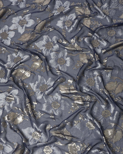 Slate Blue Floral Patterned Silk Chiffon Fabric with Metallic Lurex, 140 Cms Width, Made in South Korea-D26343