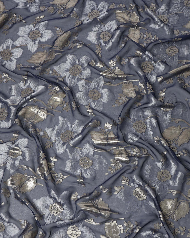 Slate Blue Floral Patterned Silk Chiffon Fabric with Metallic Lurex, 140 Cms Width, Made in South Korea-D26343