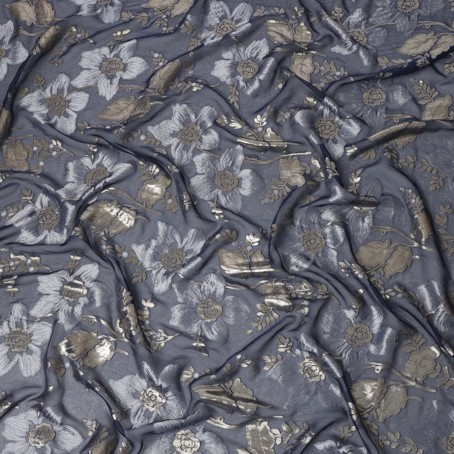 Slate Blue Floral Patterned Silk Chiffon Fabric with Metallic Lurex, 140 Cms Width, Made in South Korea-D26343