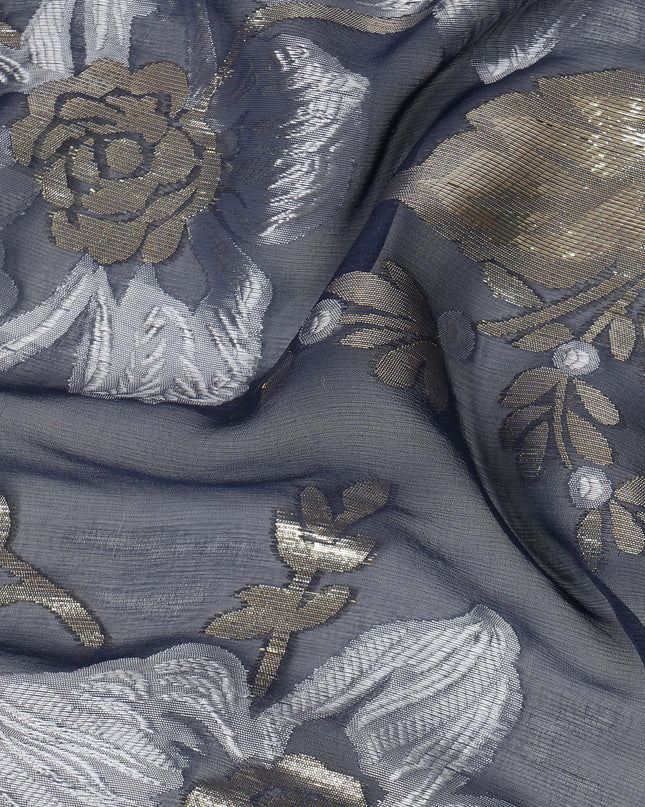 Slate Blue Floral Patterned Silk Chiffon Fabric with Metallic Lurex, 140 Cms Width, Made in South Korea-D26343