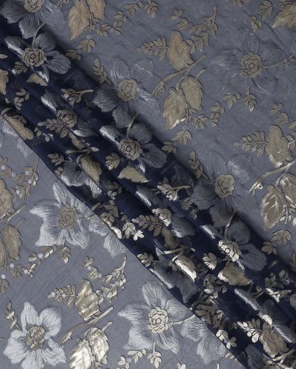 Slate Blue Floral Patterned Silk Chiffon Fabric with Metallic Lurex, 140 Cms Width, Made in South Korea-D26343