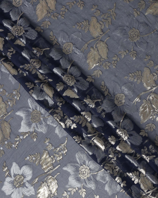 Slate Blue Floral Patterned Silk Chiffon Fabric with Metallic Lurex, 140 Cms Width, Made in South Korea-D26343