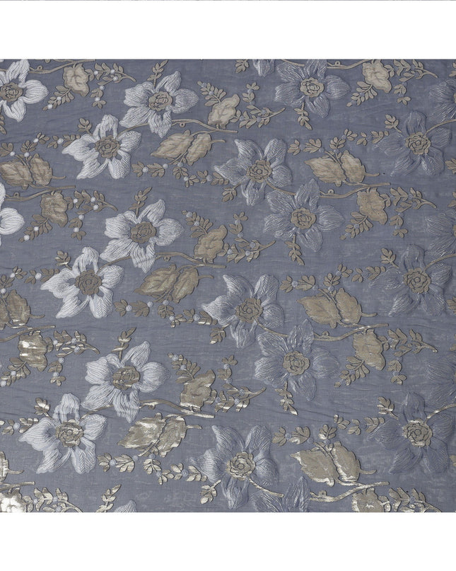 Slate Blue Floral Patterned Silk Chiffon Fabric with Metallic Lurex, 140 Cms Width, Made in South Korea-D26343