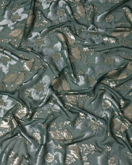 Sage Green Floral Patterned Silk Chiffon Fabric with Metallic Lurex, 140 Cms Width, Made in South Korea-D26344