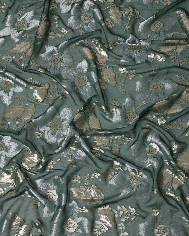 Sage Green Floral Patterned Silk Chiffon Fabric with Metallic Lurex, 140 Cms Width, Made in South Korea-D26344
