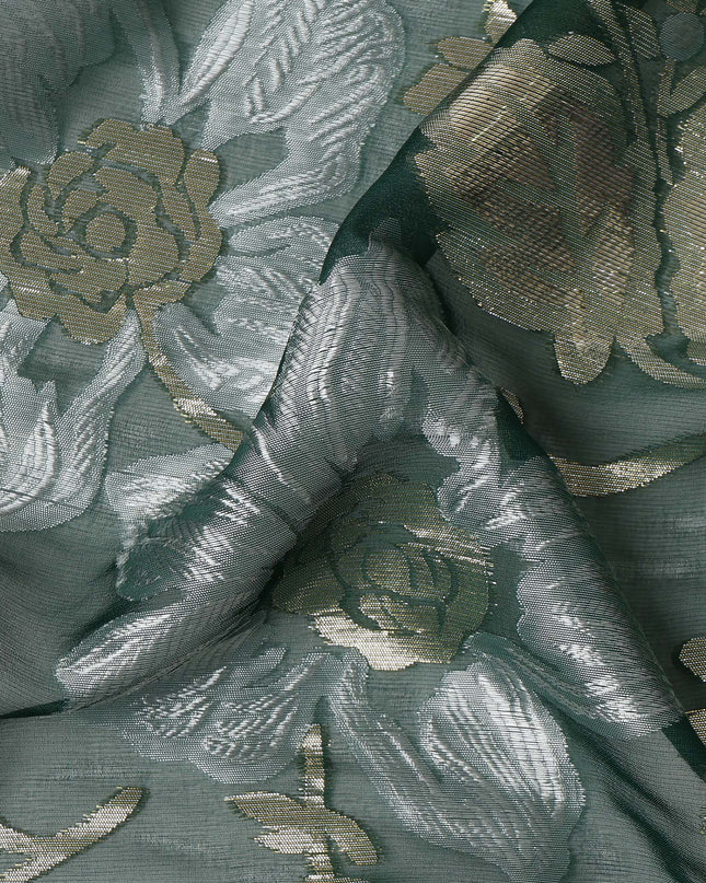 Sage Green Floral Patterned Silk Chiffon Fabric with Metallic Lurex, 140 Cms Width, Made in South Korea-D26344