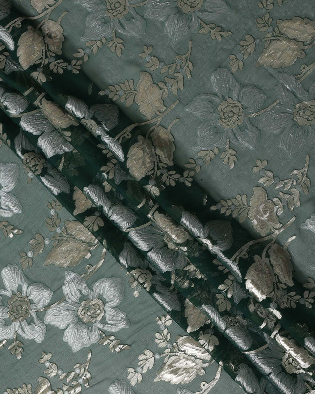 Sage Green Floral Patterned Silk Chiffon Fabric with Metallic Lurex, 140 Cms Width, Made in South Korea-D26344